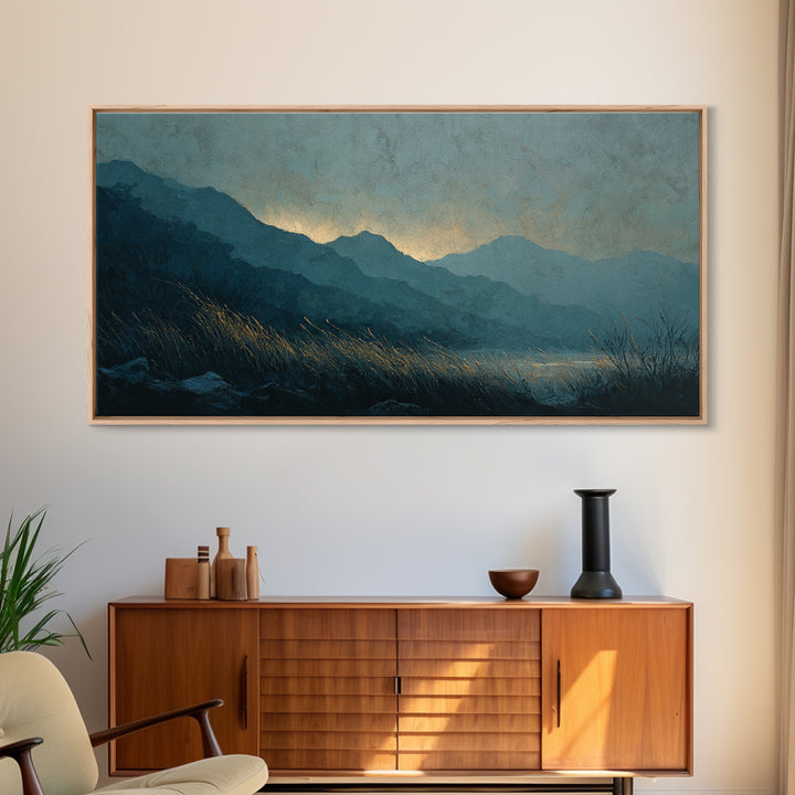 Misty Mountain Valley at Sunrise Canvas Print, Landscape Art, Abstract Wall Art, Living Room Decor, Fine Art, Horizon, LAN-2x1-93
