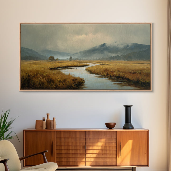 Winding River Through Golden Fields Canvas Print, Landscape Art, Printable Wall Art, Living Room Decor, Oil Painting, Horizon, LAN-2x1-94