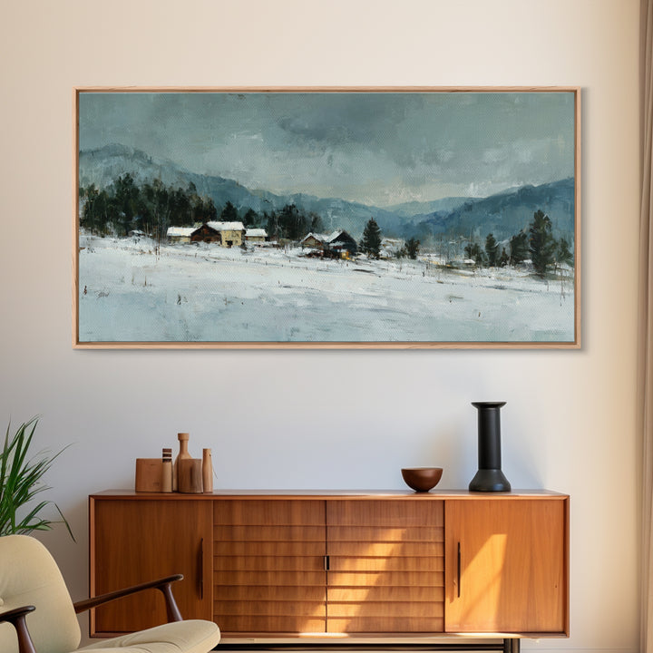 Snow Covered Alpine Village at Dusk Framed Canvas Print, Landscape Art, Abstract Wall Art, Living Room Decor, Fine Art, Horizon, LAN-2x1-99
