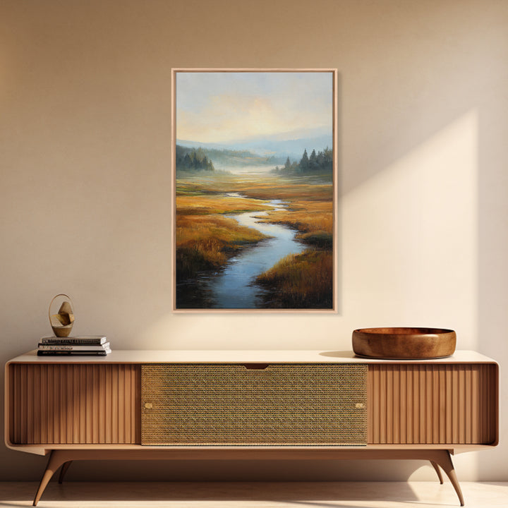 Winding River Through Golden Fields Canvas Print, Landscape Art, Contemporary Art, Living Room Decor, Fine Art, Horizon, LAN-2x3-10