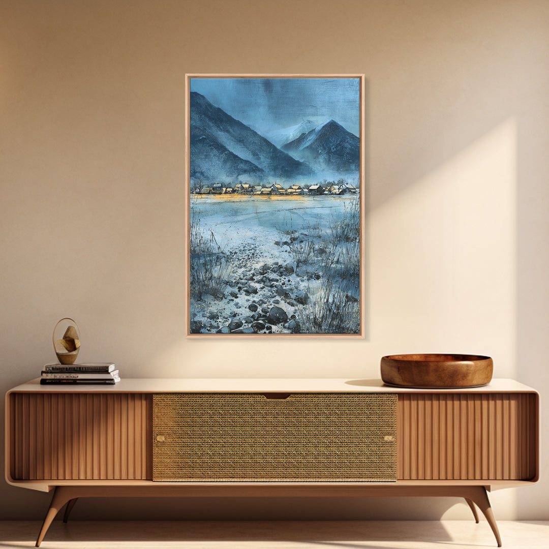 Snow Covered Alpine Village at Dusk Canvas Print, Landscape Art, Minimalist Decor, Living Room Decor, Oil Painting, Horizon, LAN-2x3-15