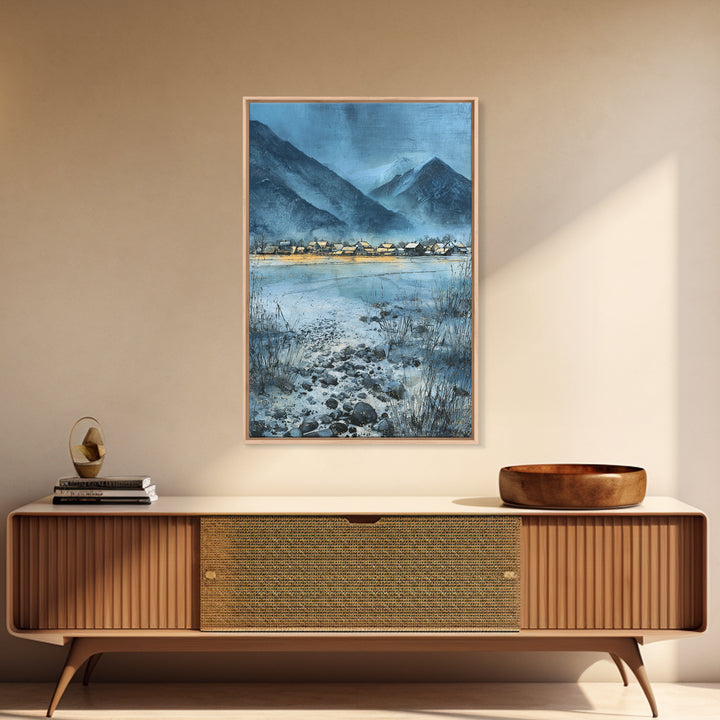 Snow Covered Alpine Village at Dusk Canvas Print, Landscape Art, Minimalist Decor, Living Room Decor, Oil Painting, Horizon, LAN-2x3-15