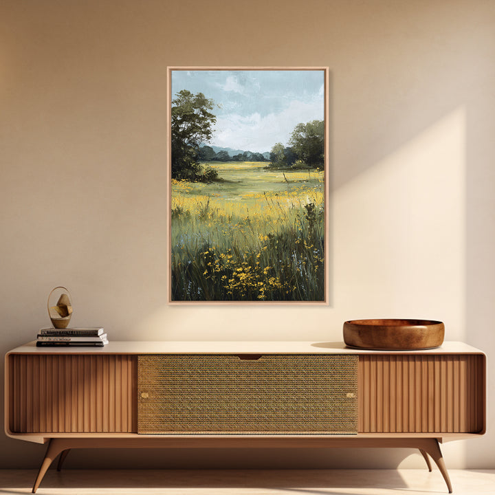 Sunlit Meadow with Wildflowers Framed Canvas Print, Landscape Art, Digital Art, Living Room Decor, Fine Art, Horizon, LAN-2x3-21
