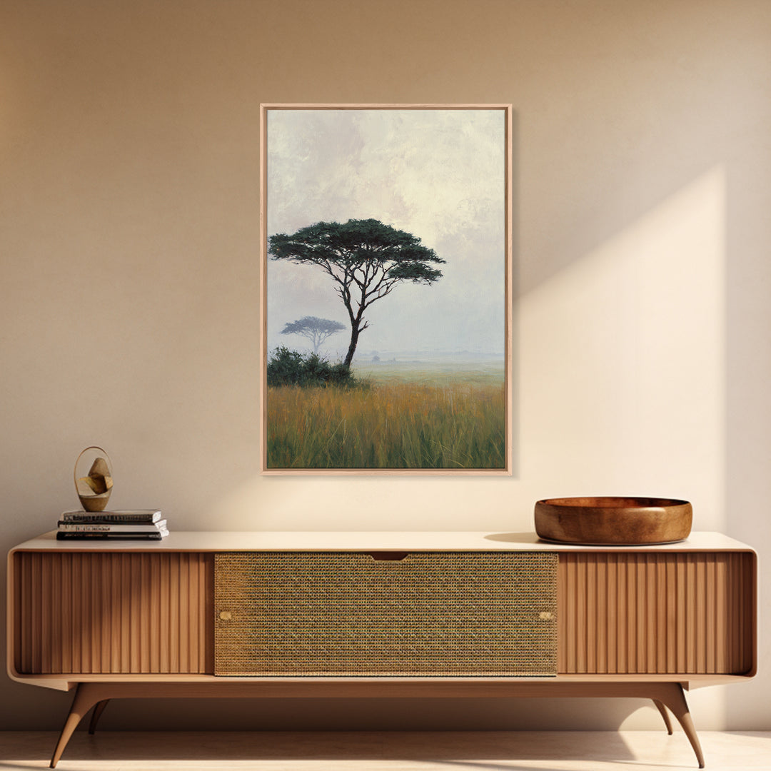 Wide Savanna with Acacia Silhouette Framed Canvas Print, Landscape Art, Room Decor, Living Room Decor, Fine Art, Horizon, LAN-2x3-3