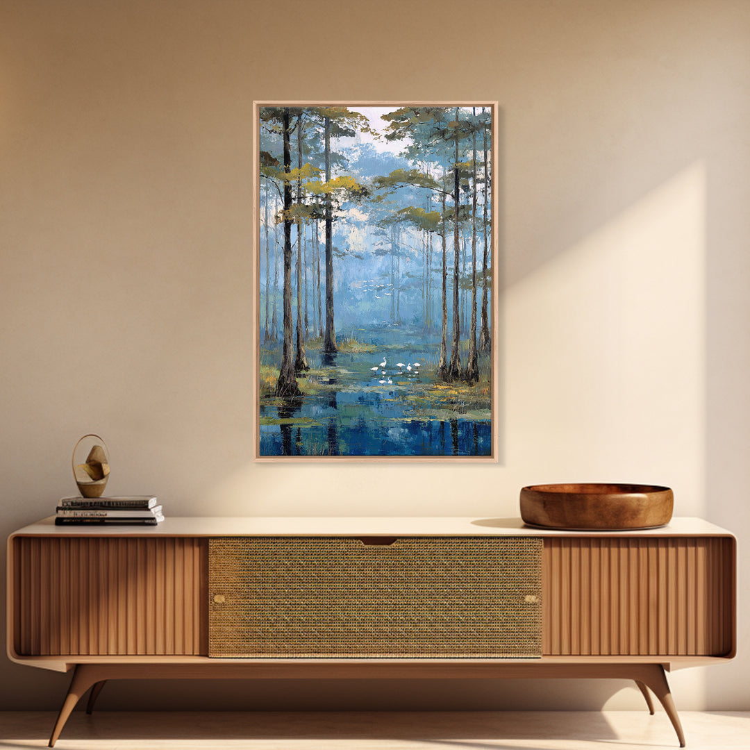 Misty Cypress Swamp Framed Canvas Print, Landscape Art, Minimalist Decor, Living Room Decor, Oil Painting, Horizon, LAN-2x3-30