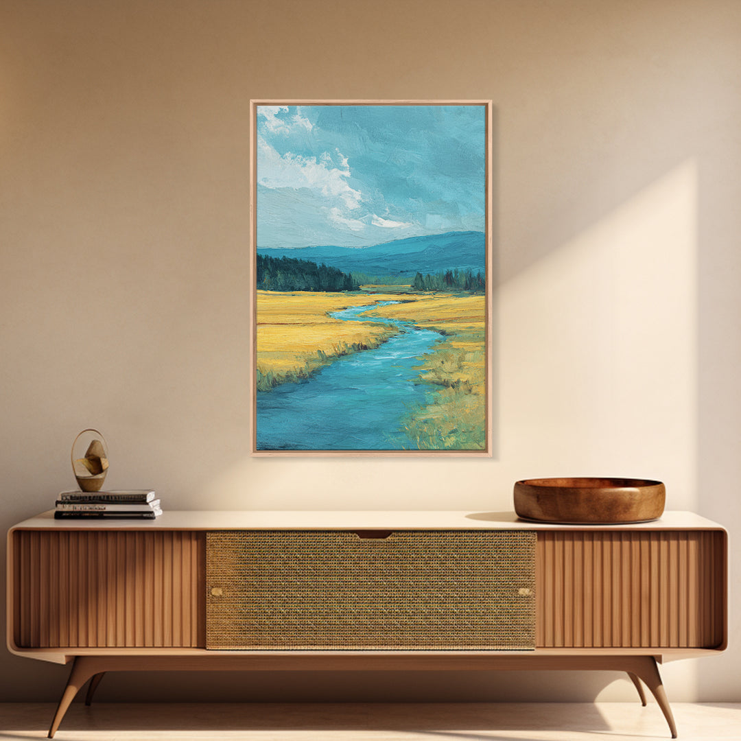 Winding River Through Golden Fields Framed Canvas Print, Landscape Art, Art Prints, Living Room Decor, Fine Art, Horizon, LAN-2x3-34