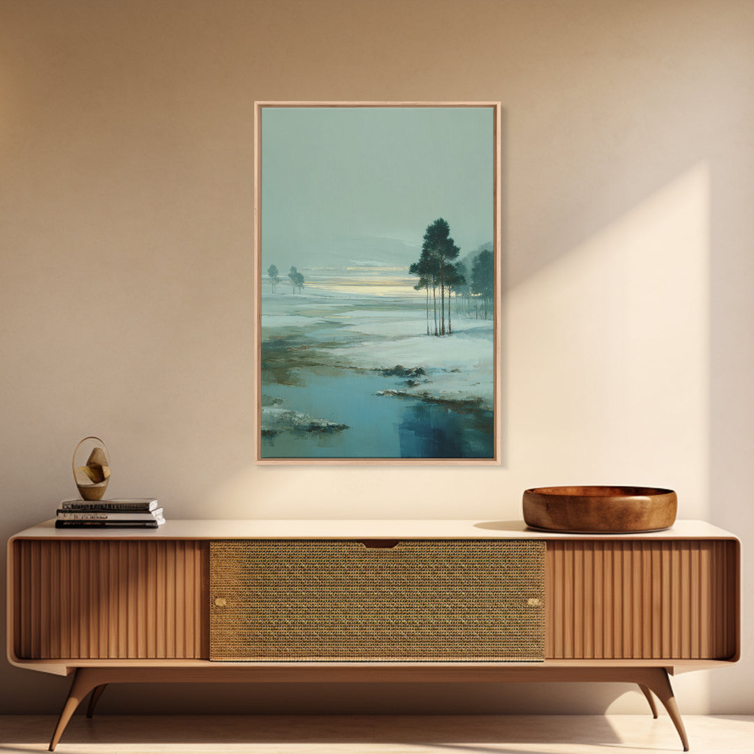 Fjord Landscape with Icy Blue Water Framed Canvas Print, Landscape Art, Original Art, Living Room Decor, Fine Art, Horizon, LAN-2x3-47