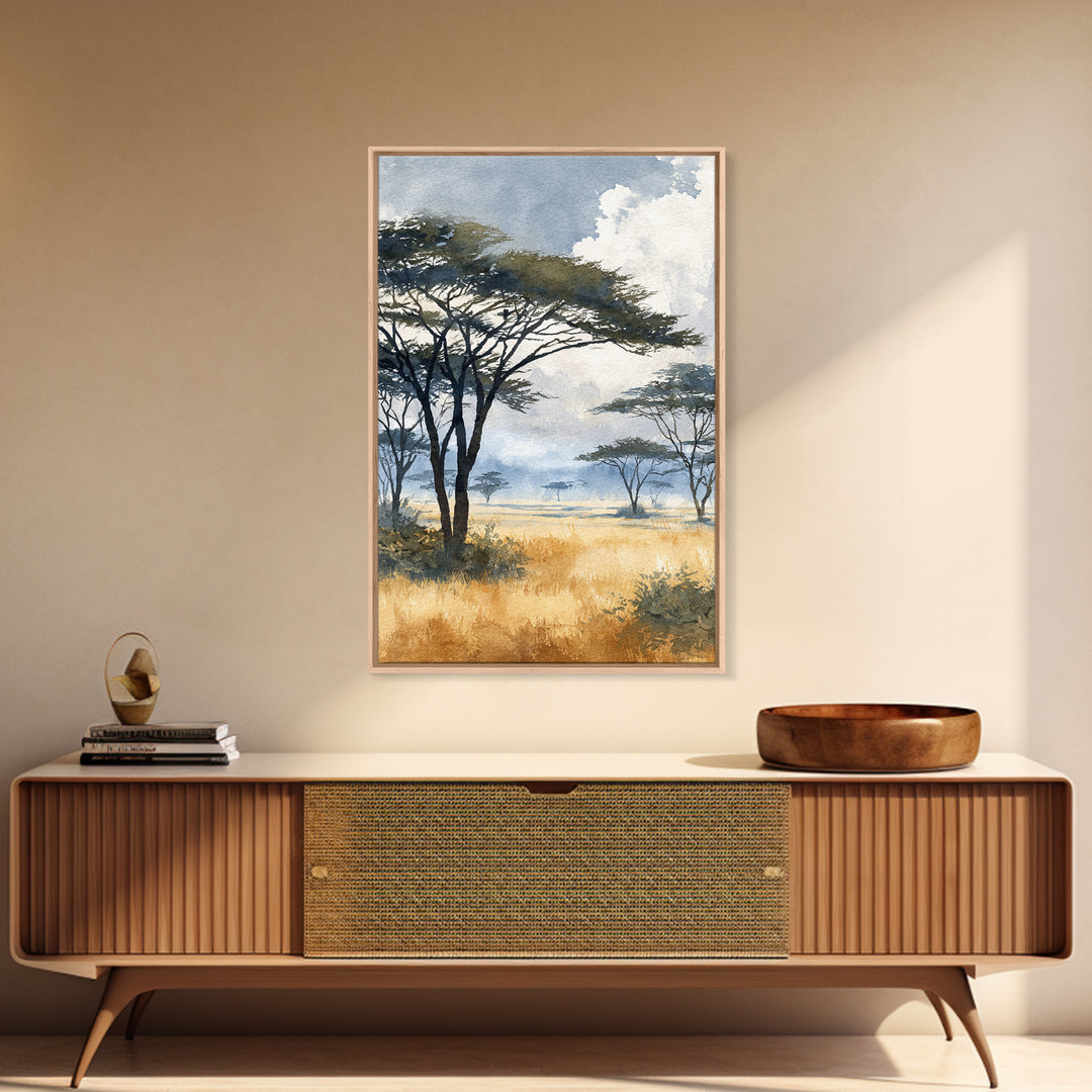 Wide Savanna with Acacia Silhouette Framed Canvas Print, Landscape Art, Digital Art, Living Room Decor, Fine Art, Horizon, LAN-2x3-51