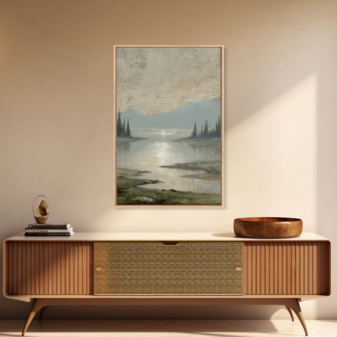 Moonlit River with Silver Reflections Framed Canvas Print, Landscape Art, Digital Print, Living Room Decor, Fine Art, Horizon, LAN-2x3-53