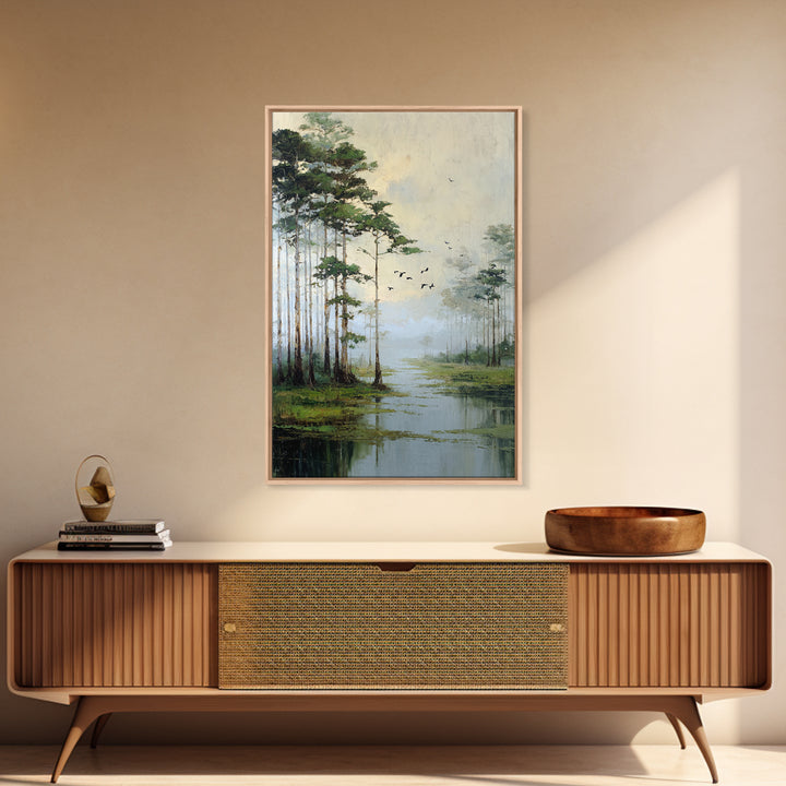 Misty Cypress Swamp Framed Canvas Print, Landscape Art, Minimalist Decor, Living Room Decor, Oil Painting, Horizon, LAN-2x3-6