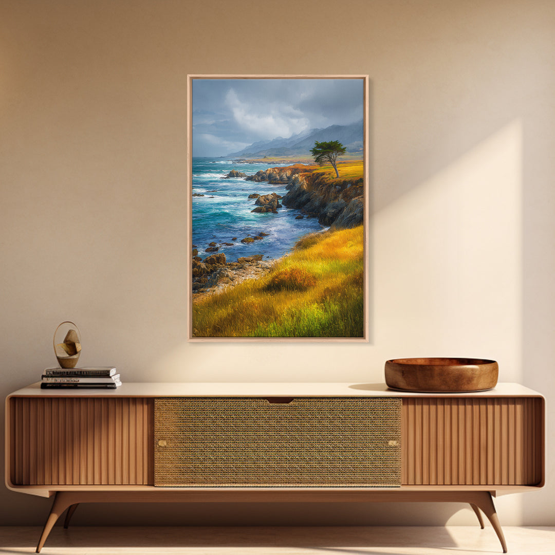Coastal Cliffs with Crashing Waves Framed Canvas Print, Landscape Art, Art Prints, Living Room Decor, Fine Art, Horizon, LAN-2x3-64