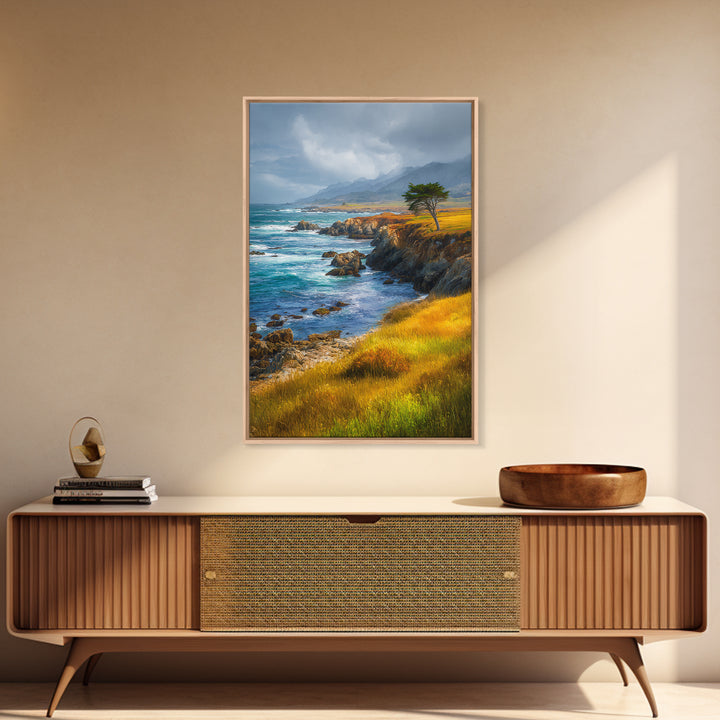 Coastal Cliffs with Crashing Waves Framed Canvas Print, Landscape Art, Art Prints, Living Room Decor, Fine Art, Horizon, LAN-2x3-64
