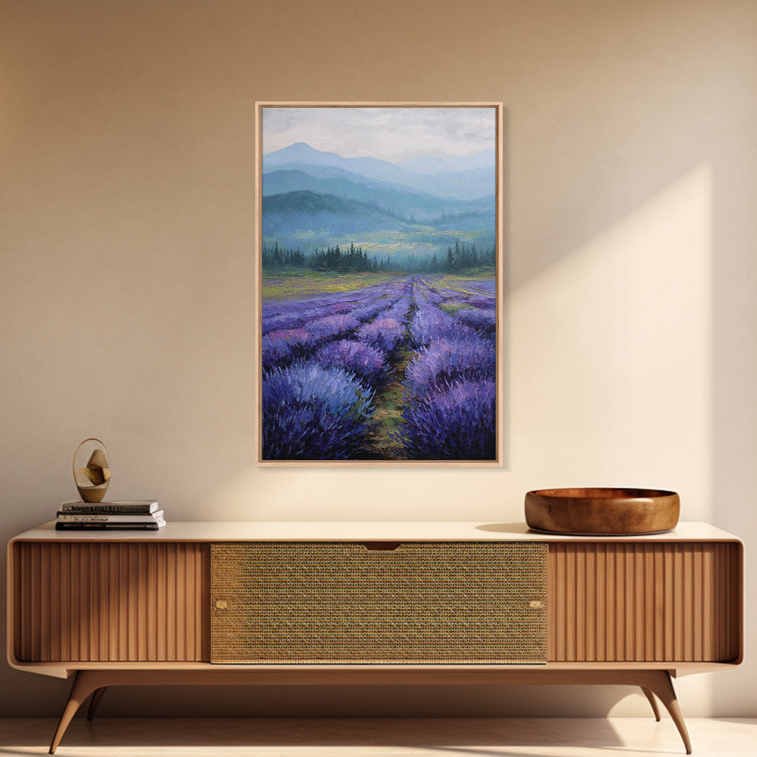 Lavender Field Leading to Distant Hills Canvas Print, Landscape Art, Digital Art, Living Room Decor, Fine Art, Horizon, LAN-2x3-66
