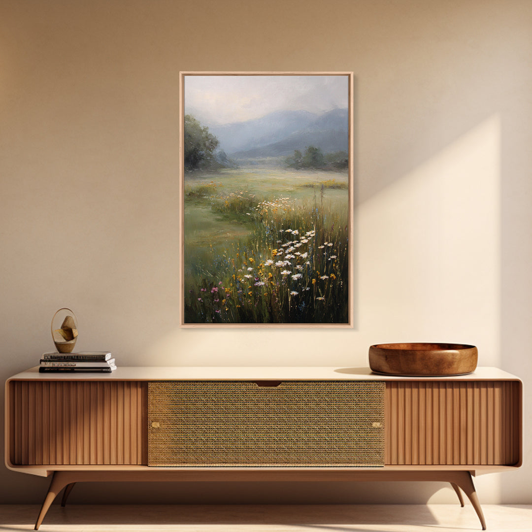 Sunlit Meadow with Wildflowers Framed Canvas Print, Landscape Art, Abstract Wall Art, Living Room Decor, Watercolor Art, LAN-2x3-69
