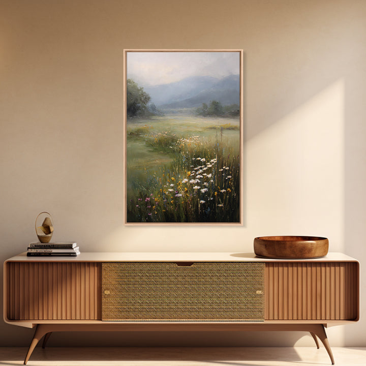 Sunlit Meadow with Wildflowers Framed Canvas Print, Landscape Art, Abstract Wall Art, Living Room Decor, Watercolor Art, LAN-2x3-69