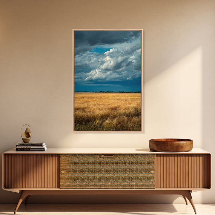 Golden Wheat Field Beneath Huge Clouds Framed Canvas Print, Landscape Art, Floral Wall Art, Living Room Decor, Horizon, LAN-2x3-8