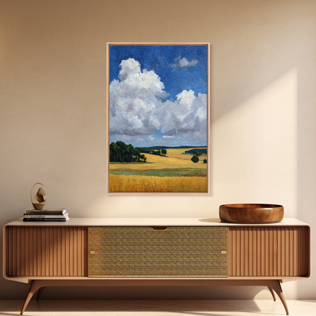Golden Wheat Field Beneath Huge Clouds Framed Canvas Print, Landscape Art, Original Painting, Living Room Decor, Horizon, LAN-2x3-80