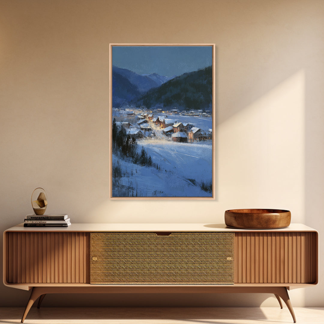 Snow Covered Alpine Village at Dusk Framed Canvas Print, Landscape Art, Living Room Wall Art, Living Room Decor, Oil Painting, LAN-2x3-87