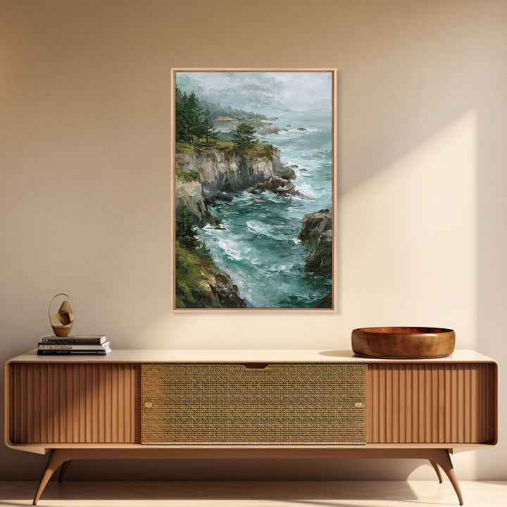 Coastal Cliffs with Crashing Waves Framed Canvas Print, Landscape Art, Farmhouse Decor, Living Room Decor, Fine Art, Horizon, LAN-2x3-88