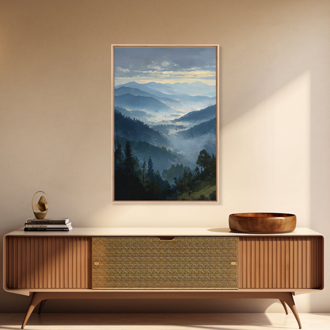 Misty Mountain Valley at Sunrise Canvas Print, Landscape Art, Digital Wall Art, Living Room Decor, Fine Art, Horizon, LAN-2x3-9