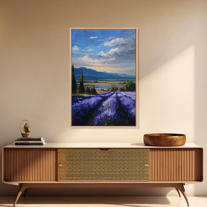 Lavender Field Leading to Distant Hills Framed Canvas Print, Landscape Art, Framed Wall Art, Living Room Decor, Oil Painting, LAN-2x3-90