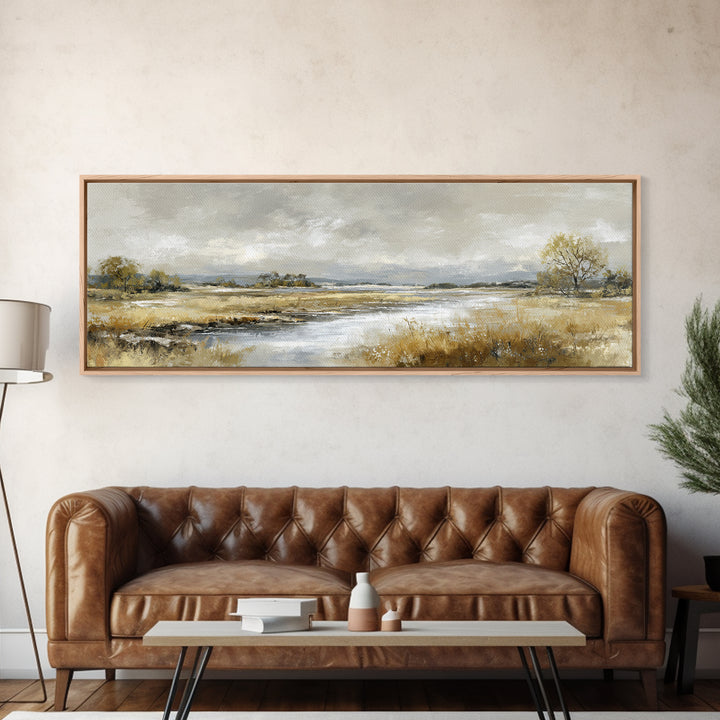 Moonlit River with Silver Reflections Canvas Print, Landscape Art, Living Room Decor, Oil Painting, Horizon, Modern Art, LAN-3x1-13