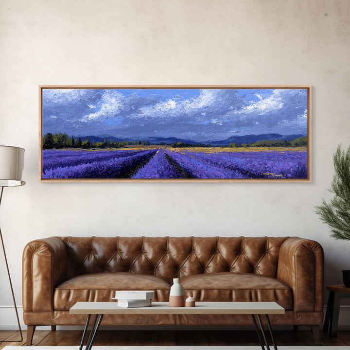 Lavender Field Leading to Distant Hills Framed Canvas Print, Landscape Art, Digital Wall Art, Living Room Decor, Horizon, LAN-3x1-2