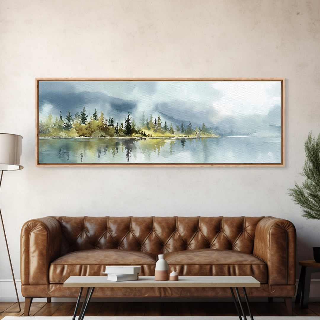 Quiet Lake Reflecting Pine Forest Canvas Print, Landscape Art, Living Room Wall Art, Living Room Decor, Oil Painting, Horizon, LAN-3x1-20