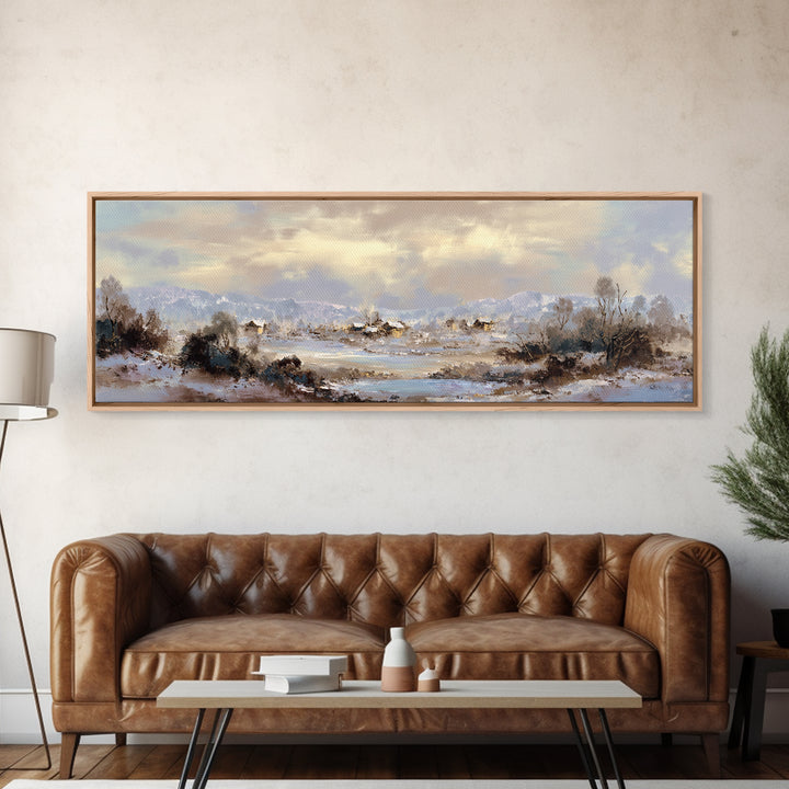Snow Covered Alpine Village at Dusk Framed Canvas Print, Landscape Art, Room Decor, Living Room Decor, Fine Art, Horizon, LAN-3x1-23