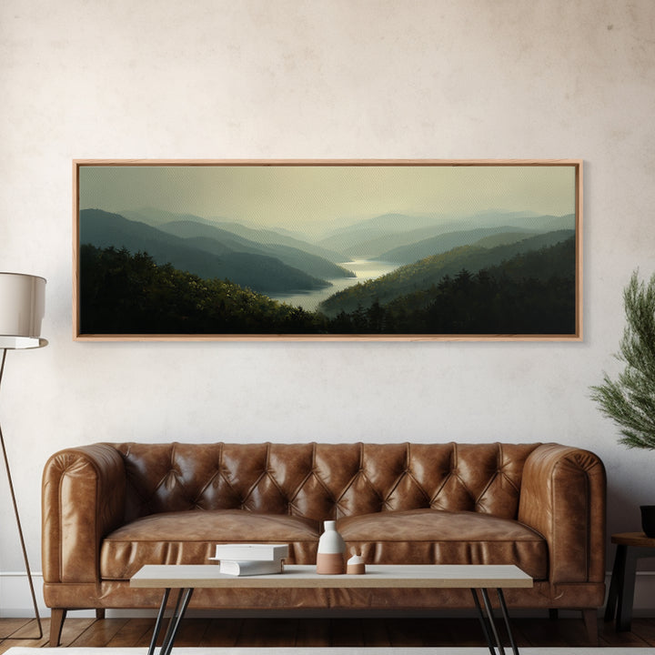 Waterfall Hidden in Dense Forest Framed Canvas Print, Landscape Art, Floral Wall Art, Living Room Decor, Fine Art, Horizon, LAN-3x1-28