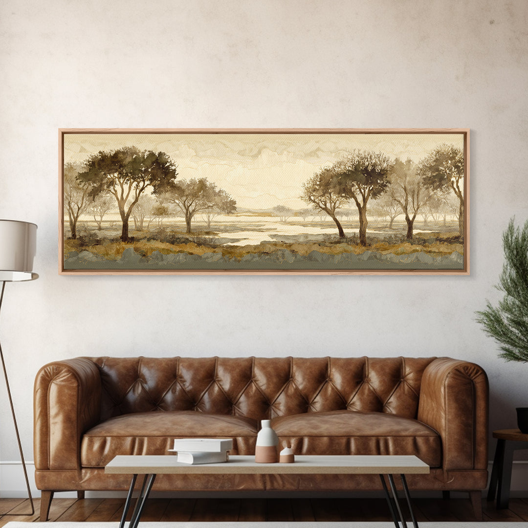 Wide Savanna with Acacia Silhouette Canvas Print, Landscape Art, Minimalist Decor, Living Room Decor, Oil Painting, Horizon, LAN-3x1-35