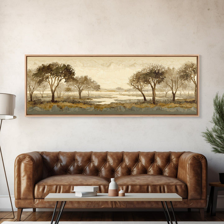 Wide Savanna with Acacia Silhouette Canvas Print, Landscape Art, Minimalist Decor, Living Room Decor, Oil Painting, Horizon, LAN-3x1-35