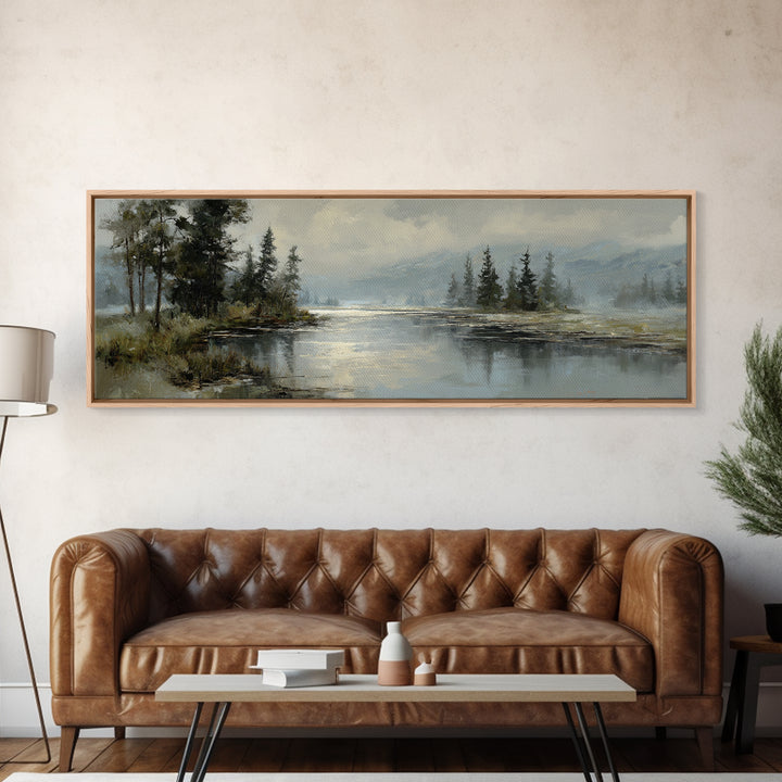 Moonlit River with Silver Reflections Framed Canvas Print, Landscape Art, Wall Art Print, Living Room Decor, Fine Art, Horizon, LAN-3x1-37