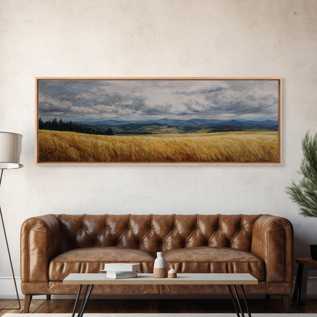Golden Wheat Field Beneath Huge Clouds Canvas Print, Landscape Art, Neutral Decor, Living Room Decor, Oil Painting, Horizon, LAN-3x1-40