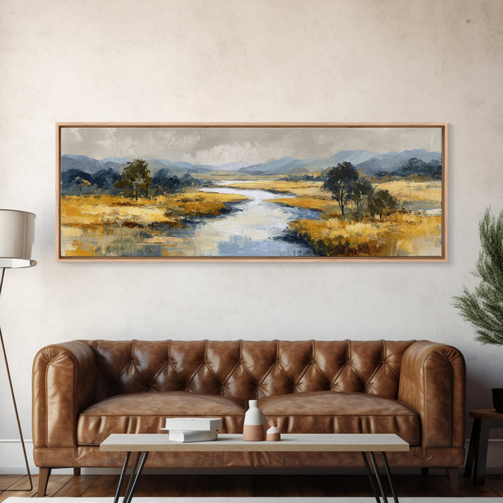 Winding River Through Golden Fields Canvas Print, Landscape Art, Boho Wall Art, Living Room Decor, Fine Art, Horizon, LAN-3x1-42