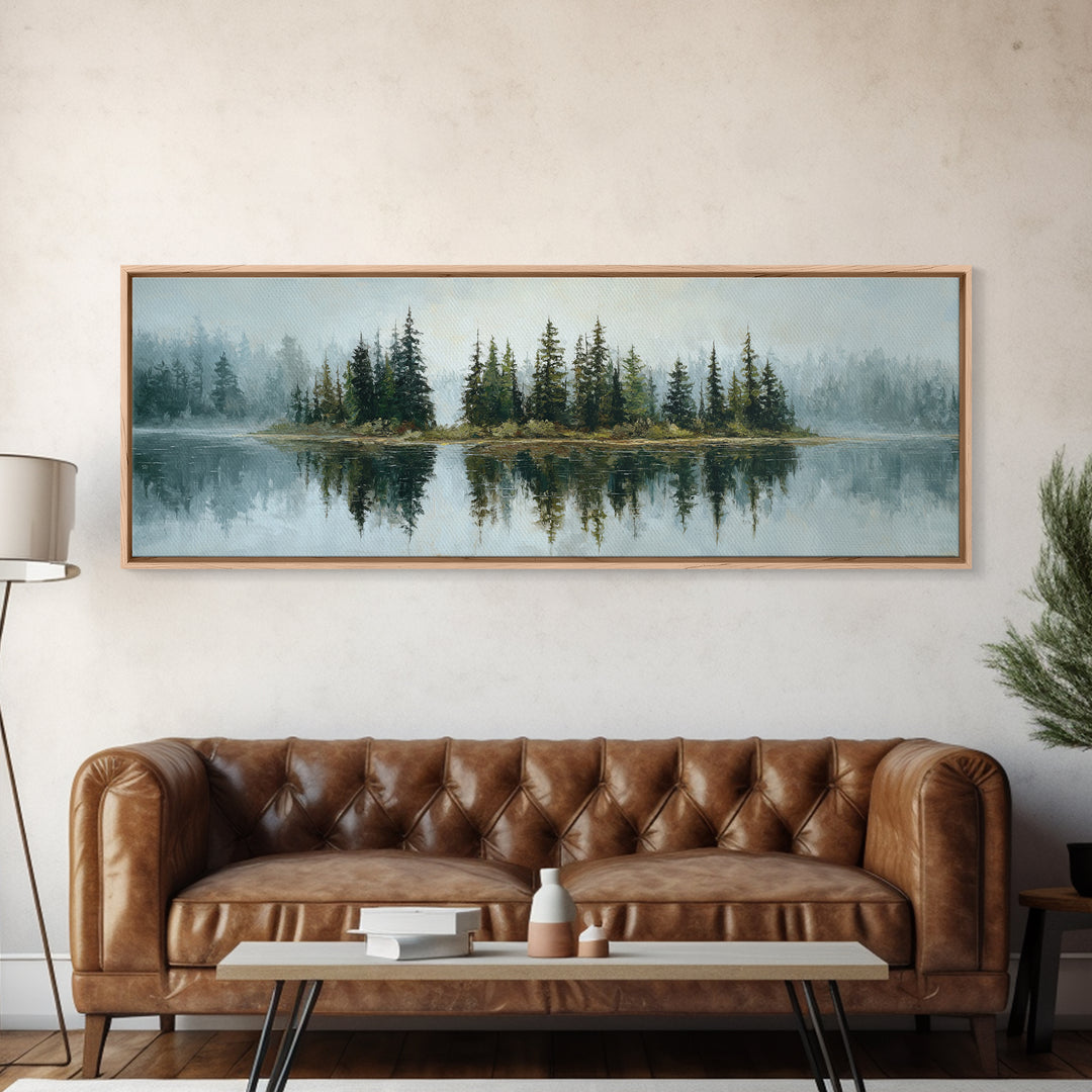 Quiet Lake Reflecting Pine Forest Framed Canvas Print, Landscape Art, Modern Decor, Living Room Decor, Fine Art, Horizon, LAN-3x1-44