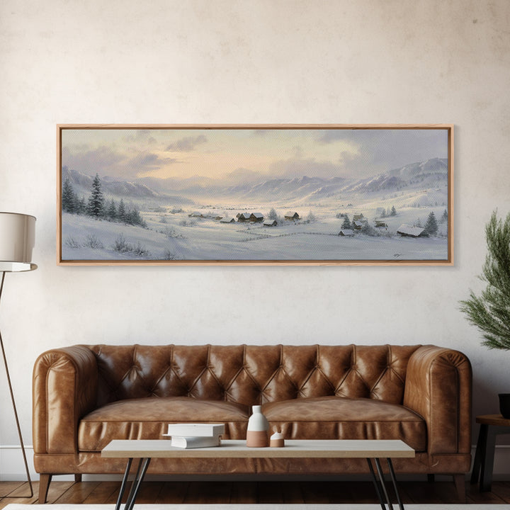 Snow Covered Alpine Village at Dusk Framed Canvas Print, Landscape Art, Digital Art, Living Room Decor, Fine Art, Horizon, LAN-3x1-47