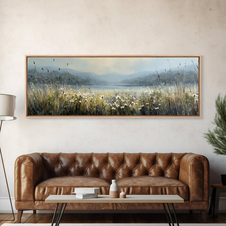 Sunlit Meadow with Wildflowers Framed Canvas Print, Landscape Art, Living Room Wall Art, Living Room Decor, Oil Painting, LAN-3x1-53