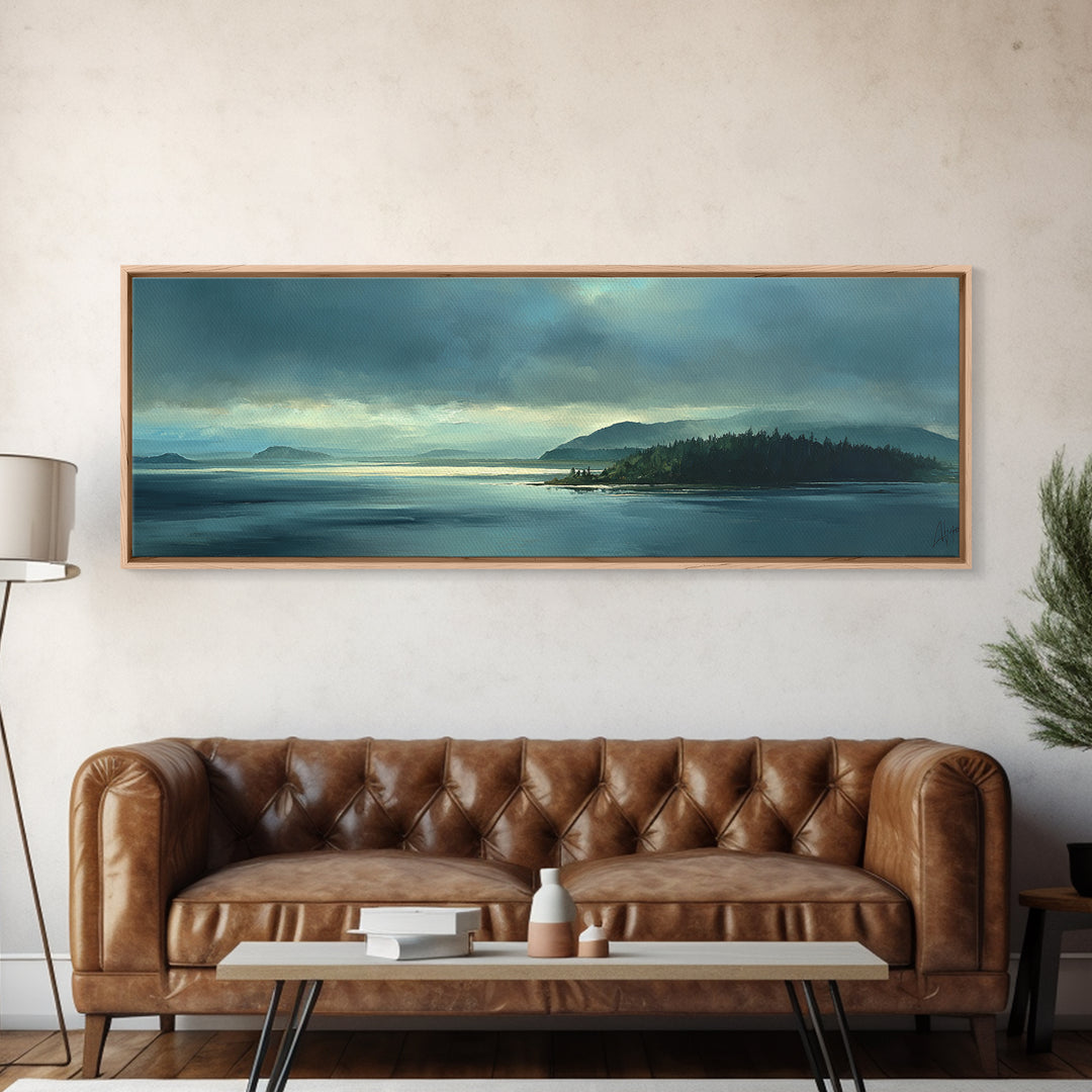 Fjord Landscape with Icy Blue Water Framed Canvas Print, Landscape Art, Decor, Living Room Decor, Oil Painting, Horizon, LAN-3x1-55