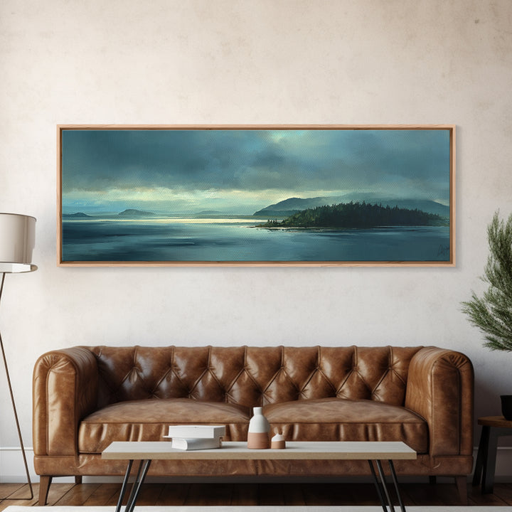 Fjord Landscape with Icy Blue Water Framed Canvas Print, Landscape Art, Decor, Living Room Decor, Oil Painting, Horizon, LAN-3x1-55