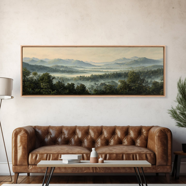 Tropical Jungle Waterfall Framed Canvas Print, Landscape Art, Minimalist Decor, Living Room Decor, Oil Painting, Horizon, LAN-3x1-56