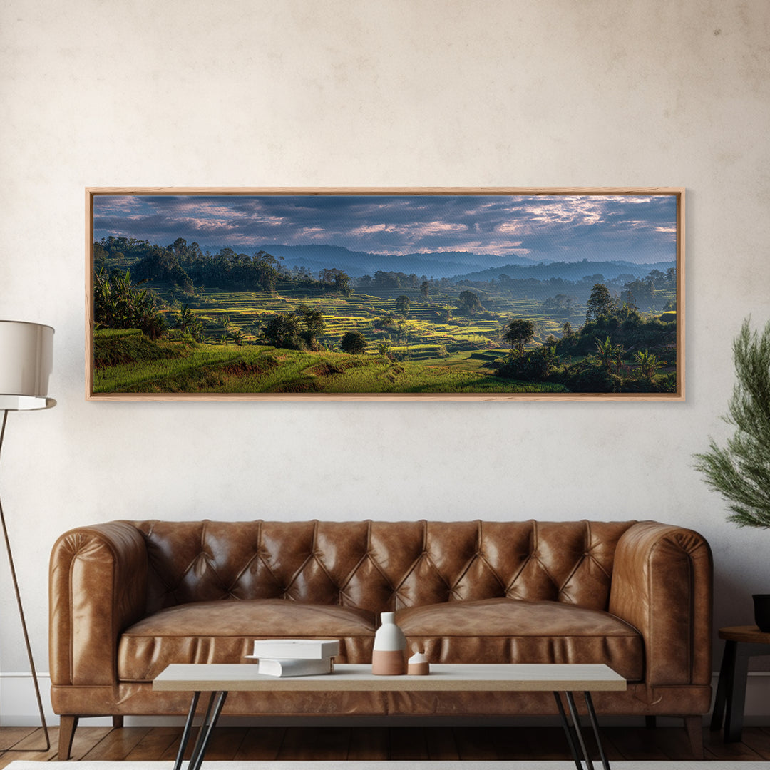 Rice Terraces Glowing Framed Canvas Print, Landscape Art, Living Room Decor, Oil Painting, Horizon, Modern Art, Gallery Decor, LAN-3x1-58