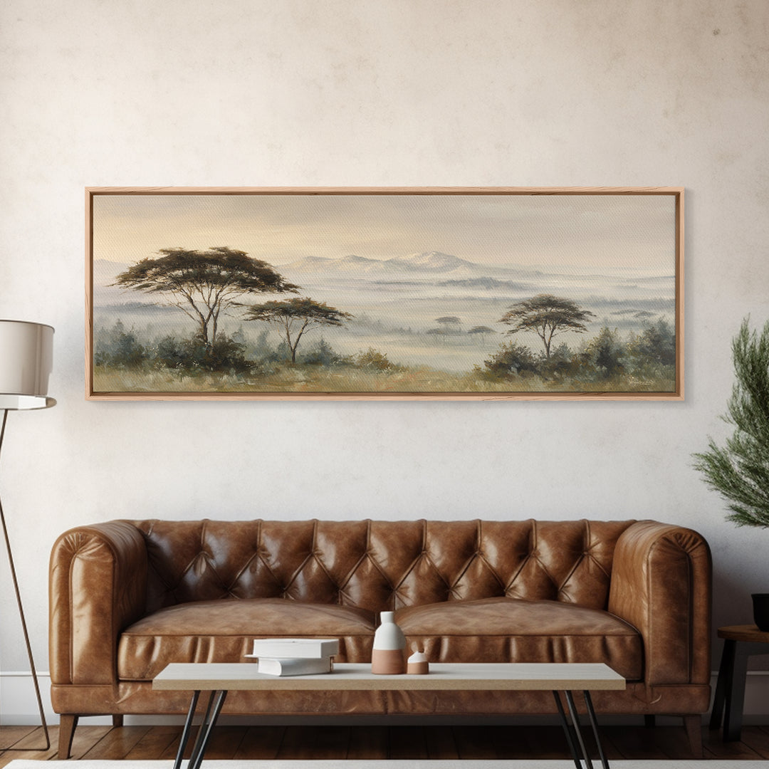 Wide Savanna with Acacia Silhouette Framed Canvas Print, Landscape Art, Digital Prints, Living Room Decor, Fine Art, Horizon, LAN-3x1-59