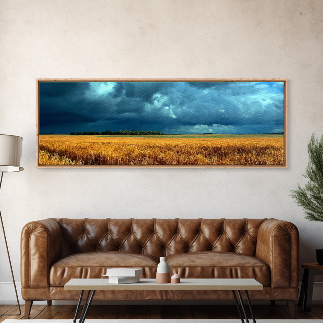 Golden Wheat Field Beneath Huge Clouds Framed Canvas Print, Landscape Art, Luxury Decor, Living Room Decor, Fine Art, Horizon, LAN-3x1-64