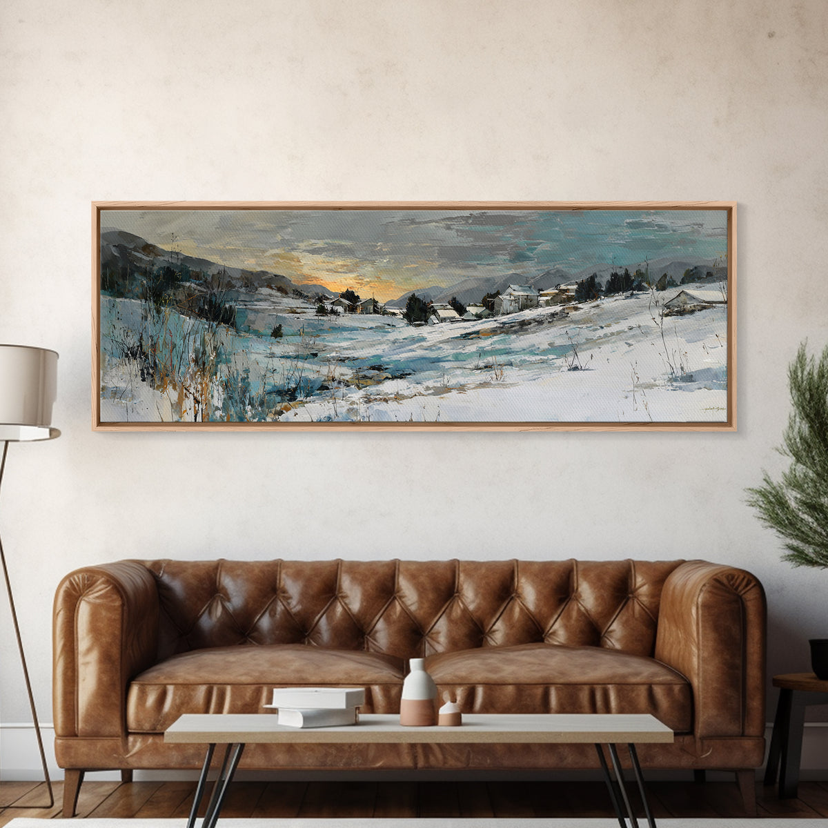 Snow Covered Alpine Village at Dusk Canvas Print, Landscape Art, Framed Wall Art, Living Room Decor, Oil Painting, Horizon, LAN-3x1-71
