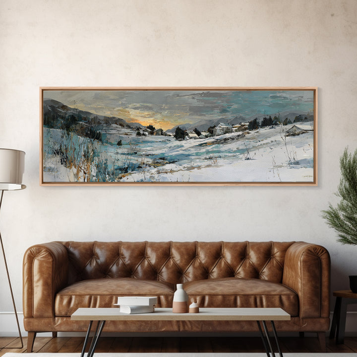 Snow Covered Alpine Village at Dusk Canvas Print, Landscape Art, Framed Wall Art, Living Room Decor, Oil Painting, Horizon, LAN-3x1-71