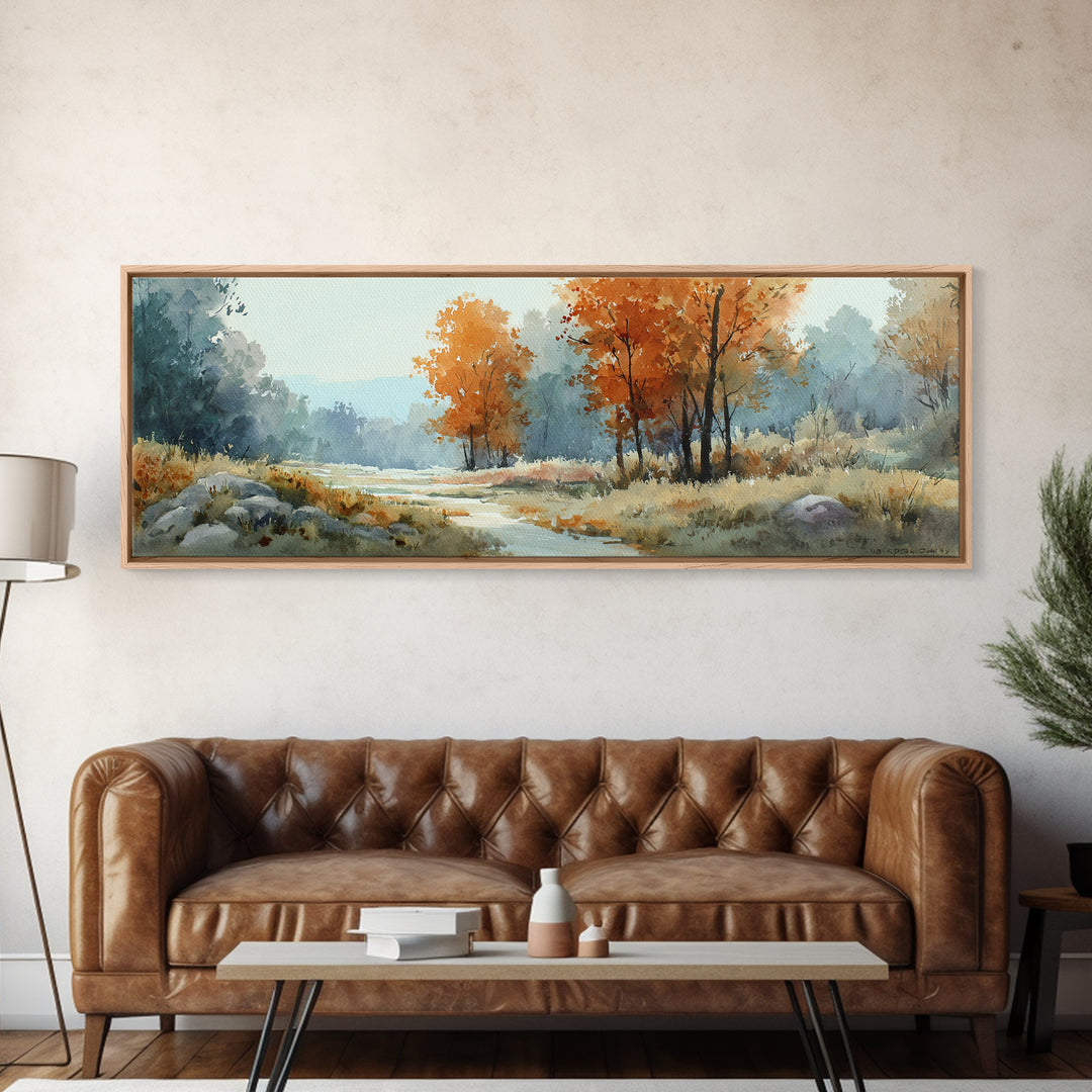 Autumn Forest Path Framed Canvas Print, Landscape Art, Neutral Decor, Living Room Decor, Oil Painting, Horizon, Home Decor, LAN-3x1-73