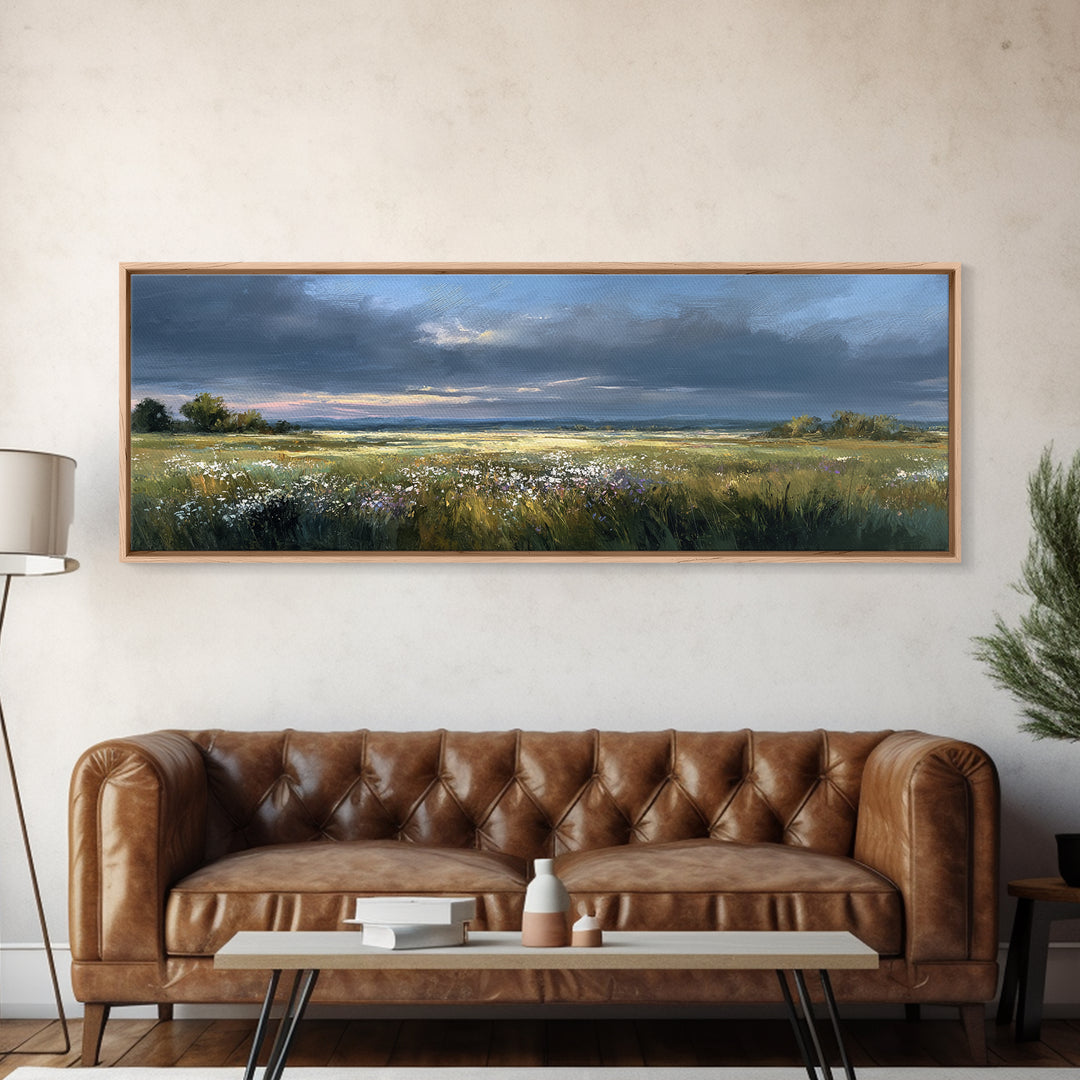 Sunlit Meadow with Wildflowers Framed Canvas Print, Landscape Art, Living Room Wall Art, Living Room Decor, Oil Painting, LAN-3x1-77