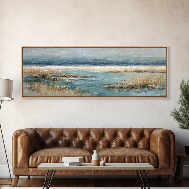 Fjord Landscape with Icy Blue Water Framed Canvas Print, Landscape Art, Digital Print, Living Room Decor, Fine Art, Horizon, LAN-3x1-79