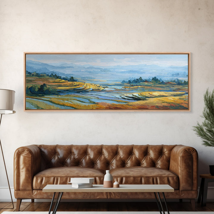 Rice Terraces Glowing Framed Canvas Print, Landscape Art, Living Room Decor, Oil Painting, Horizon, Modern Art, Gallery Decor, LAN-3x1-82